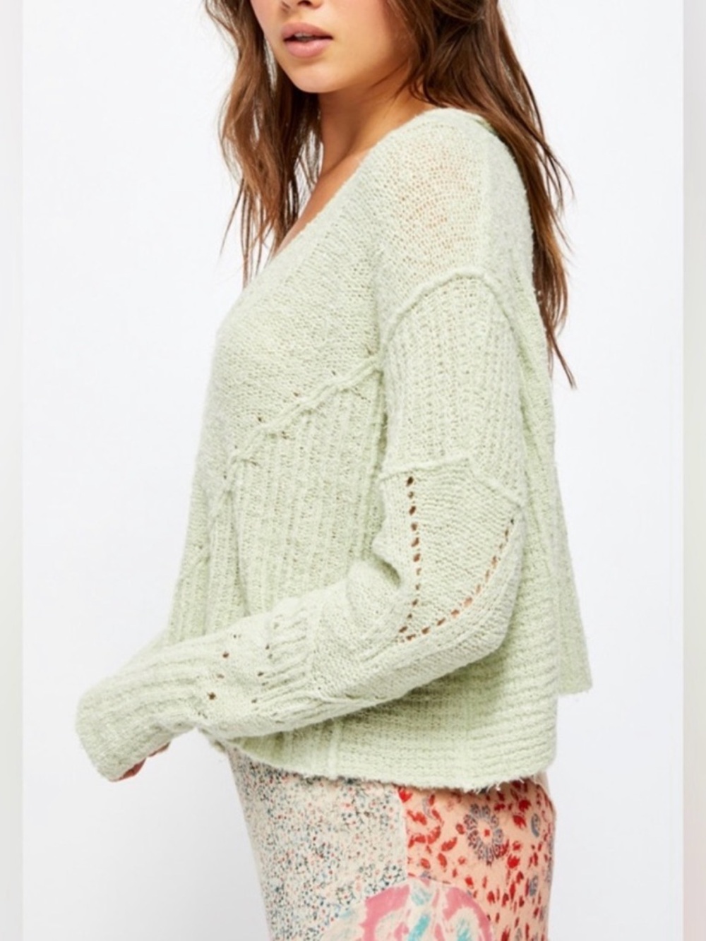 Free People Seashell Cropped V-Neck Knit mint boho Pointelle Detail soft Size S